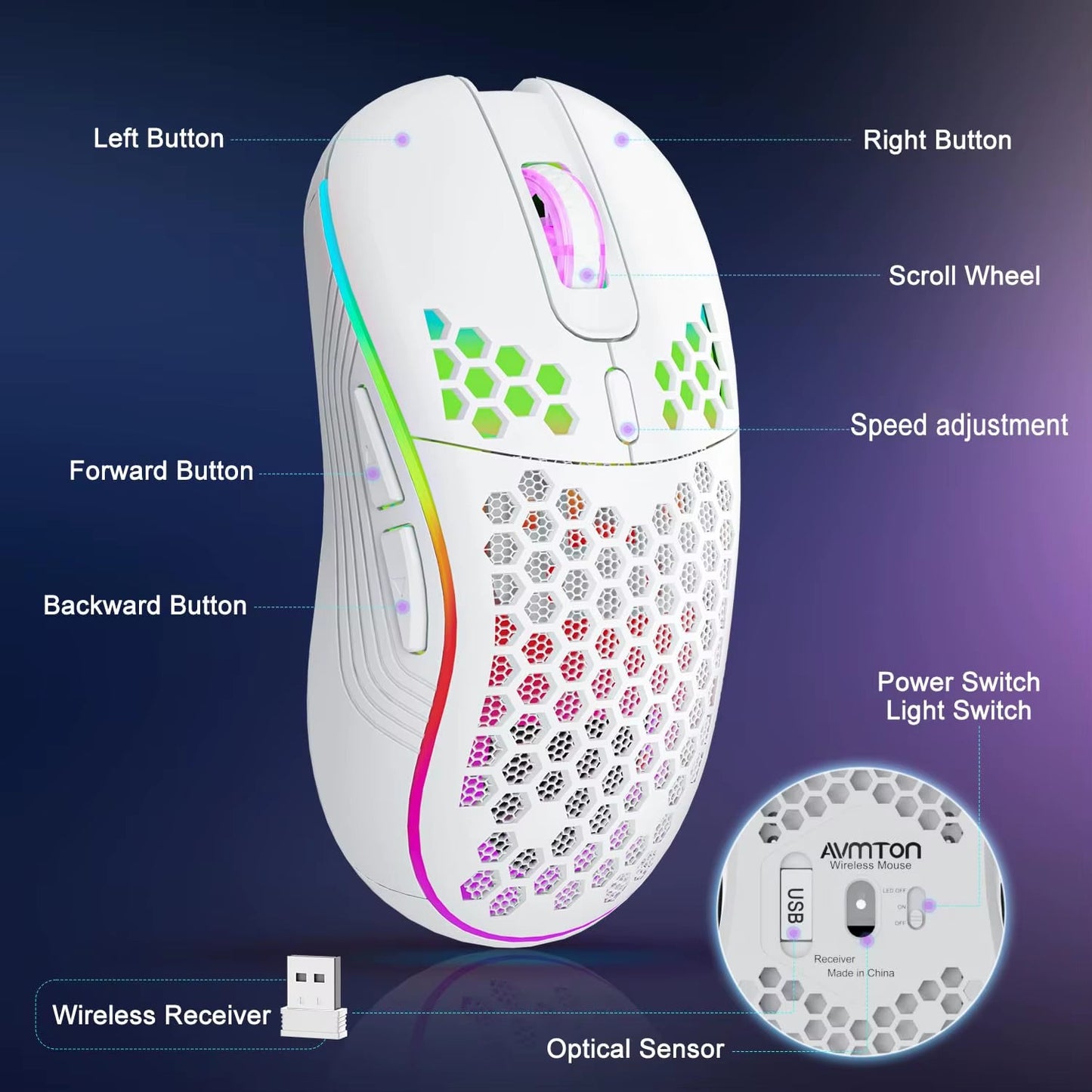 2.4G Wireless Mouse with RGB Backlit 6-Button 3-Speed DPI Type C Rechargeable Ergonomic Honeycomb Design Gaming Mouse - Stan's Electronics