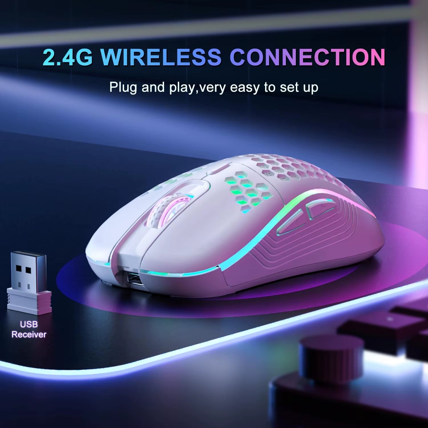 2.4G Wireless Mouse with RGB Backlit 6-Button 3-Speed DPI Type C Rechargeable Ergonomic Honeycomb Design Gaming Mouse - Stan's Electronics