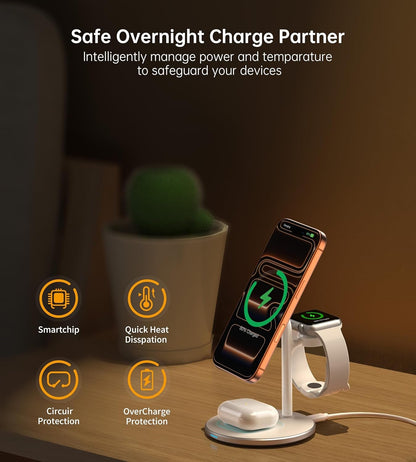 3 in 1 Wireless Charging Station for Apple Devices, Fast Wireless Mag-Safe Charger Stand with 20W Adapter for Iphone 17 16 15 14 13 12 Pro Max/Air/Plus/Pro,Iwatch,Airpods-Gift for Wife&Husband - Stan's Electronics