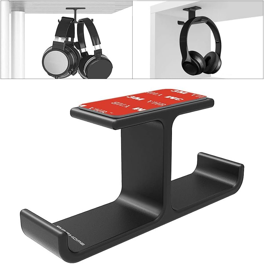 Dual Headphone Hanger Stand for under Desk, Aluminum Adhesive Headset Hook Mount with Screw Option, Space-Saving PC Gaming Accessories for All Headphones, Black - Stan's Electronics