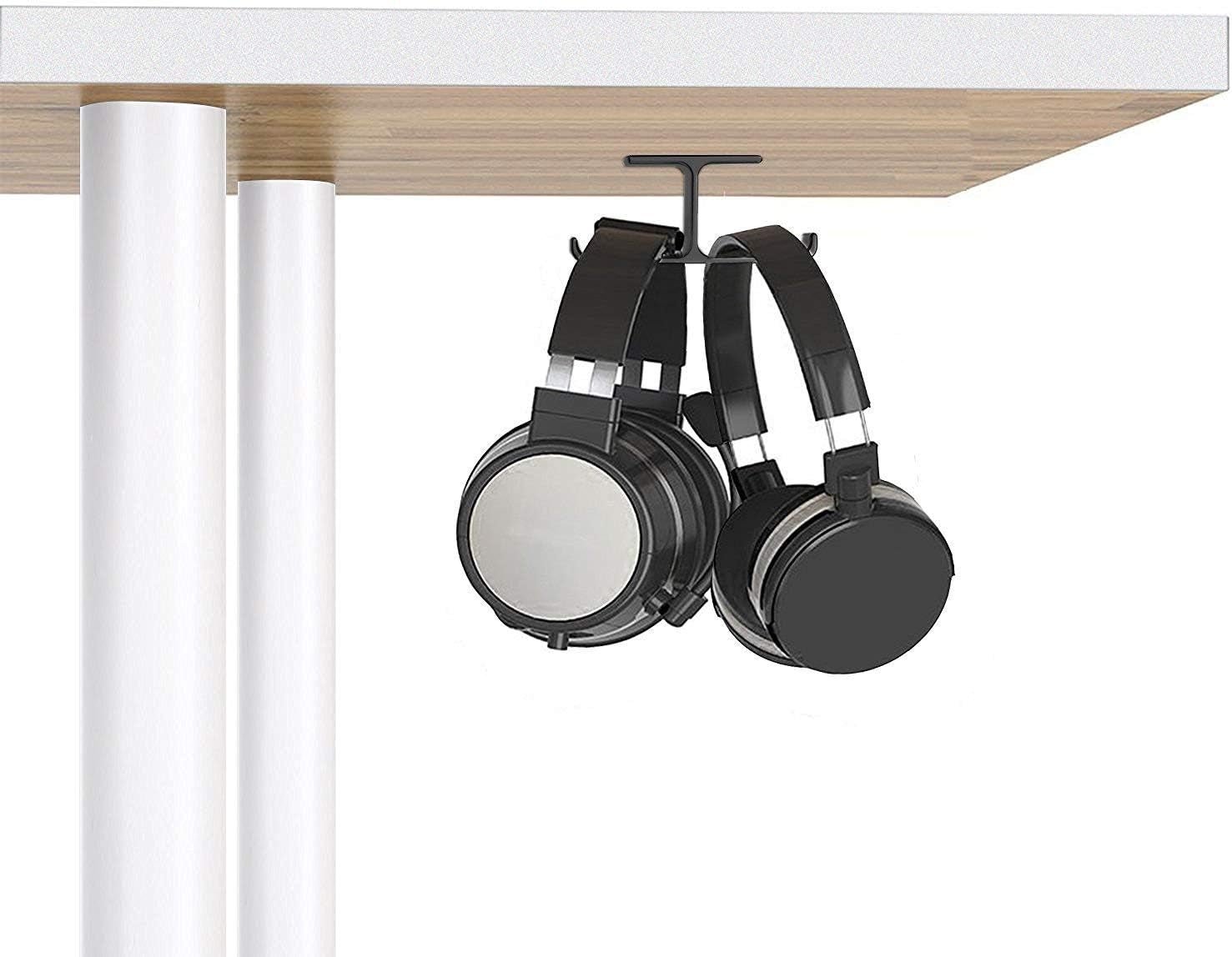 Dual Headphone Hanger Stand for under Desk, Aluminum Adhesive Headset Hook Mount with Screw Option, Space-Saving PC Gaming Accessories for All Headphones, Black - Stan's Electronics
