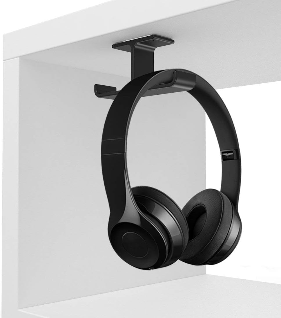 Dual Headphone Hanger Stand for under Desk, Aluminum Adhesive Headset Hook Mount with Screw Option, Space-Saving PC Gaming Accessories for All Headphones, Black - Stan's Electronics