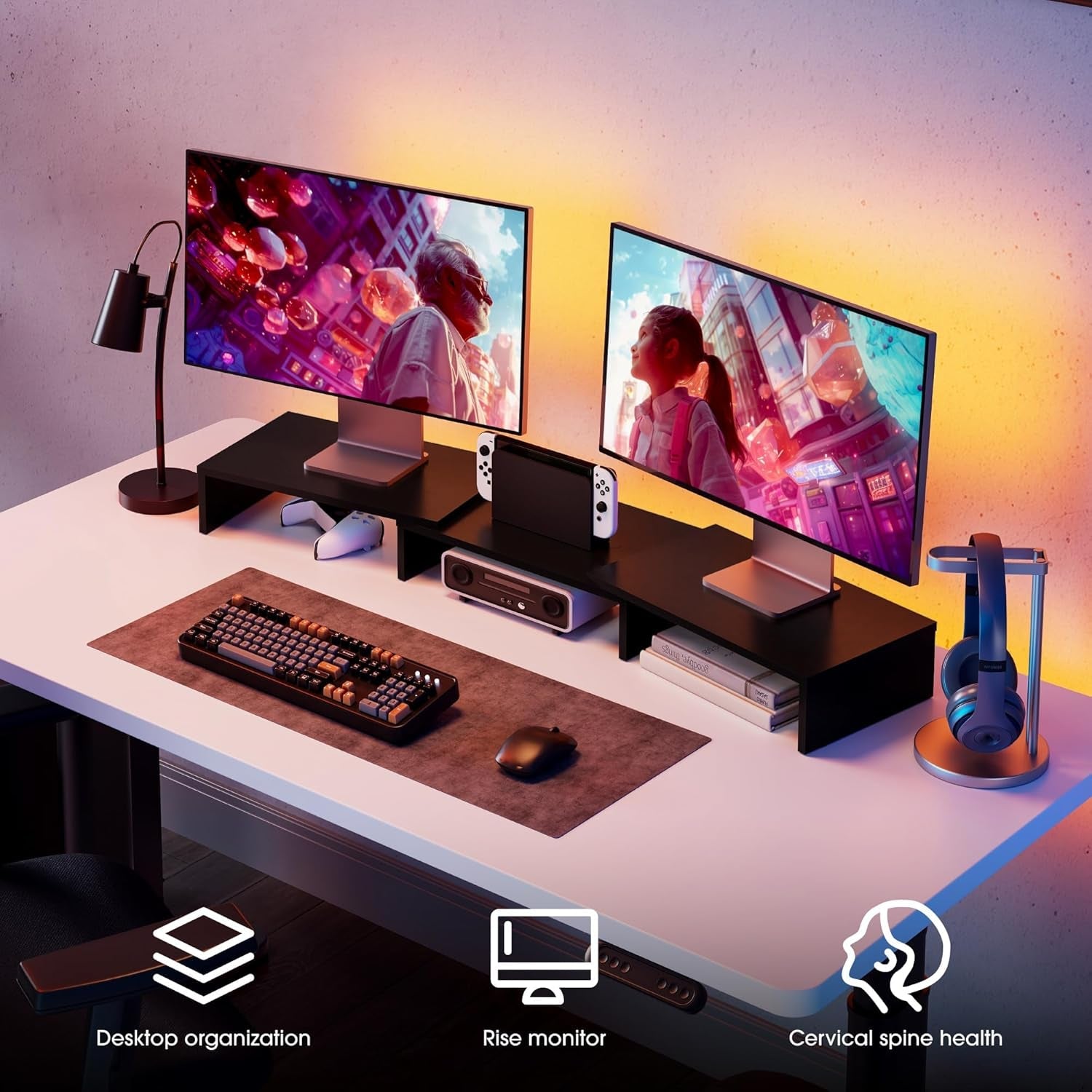 Dual Monitor Stand – 3 Shelf Computer Monitor Riser, Wood Desktop Stand with Adjustable Length and Angle, Desk Accessories, Office Supplies Medium Black,Dt108001Wb - Stan's Electronics