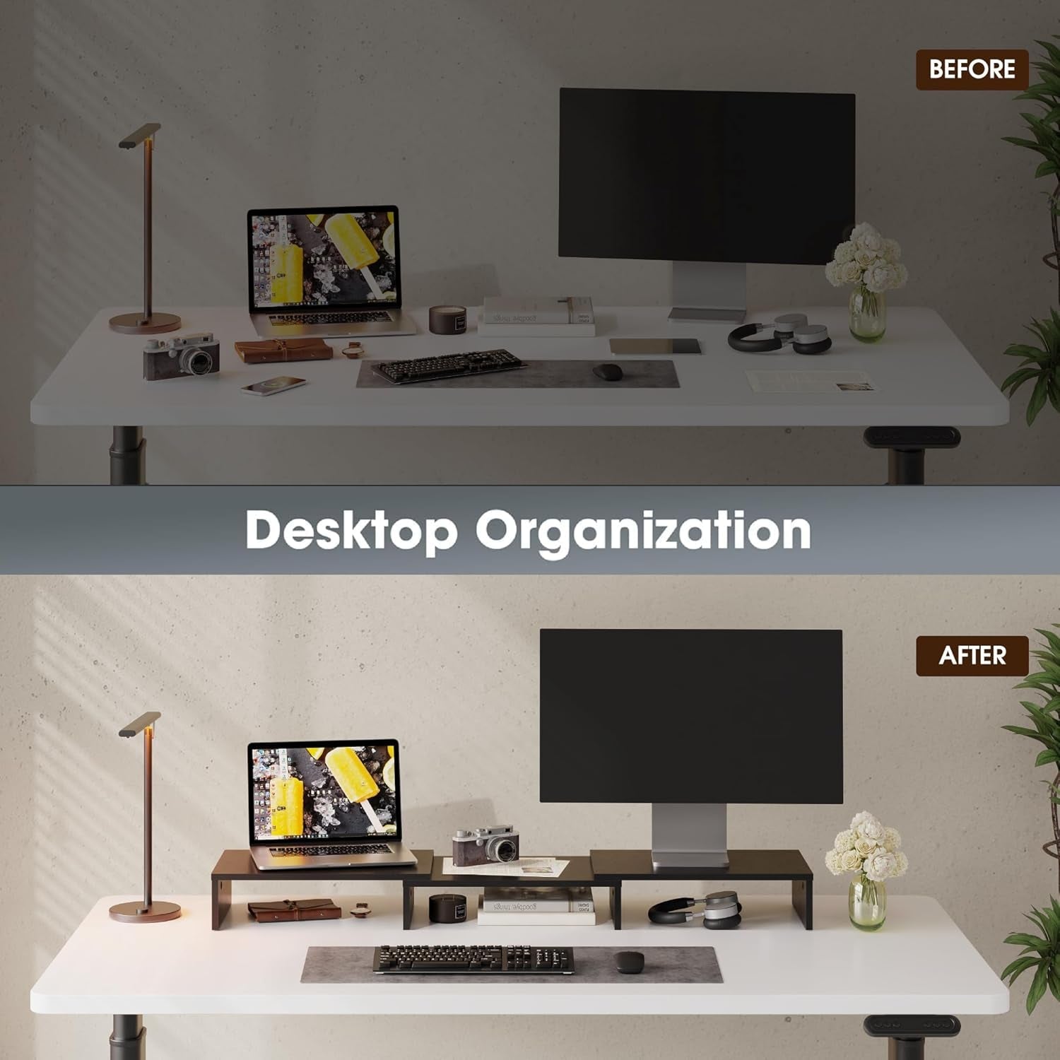Dual Monitor Stand – 3 Shelf Computer Monitor Riser, Wood Desktop Stand with Adjustable Length and Angle, Desk Accessories, Office Supplies Medium Black,Dt108001Wb - Stan's Electronics