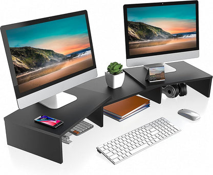 Dual Monitor Stand – 3 Shelf Computer Monitor Riser, Wood Desktop Stand with Adjustable Length and Angle, Desk Accessories, Office Supplies Medium Black,Dt108001Wb - Stan's Electronics