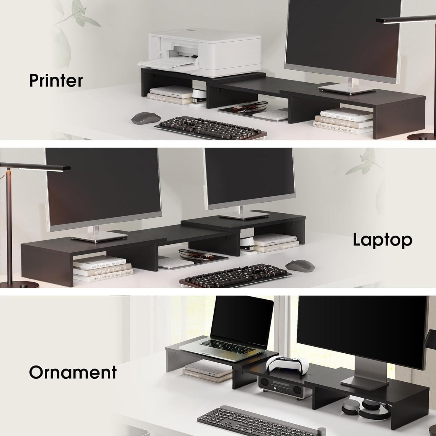 Dual Monitor Stand – 3 Shelf Computer Monitor Riser, Wood Desktop Stand with Adjustable Length and Angle, Desk Accessories, Office Supplies Medium Black,Dt108001Wb - Stan's Electronics