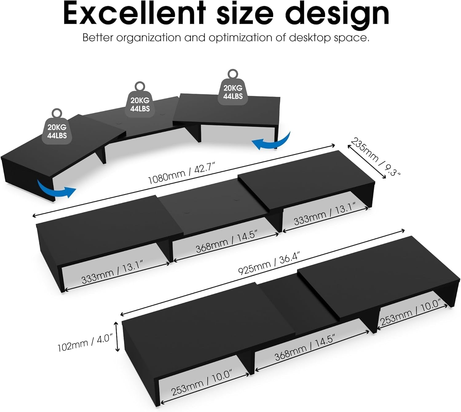 Dual Monitor Stand – 3 Shelf Computer Monitor Riser, Wood Desktop Stand with Adjustable Length and Angle, Desk Accessories, Office Supplies Medium Black,Dt108001Wb - Stan's Electronics