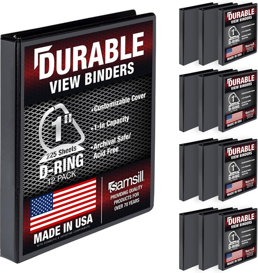Durable 1 Inch 3 Ring Binder, D Ring Binder, 100% Recycled Chipboard, Black, 12 Pack - Stan's Electronics