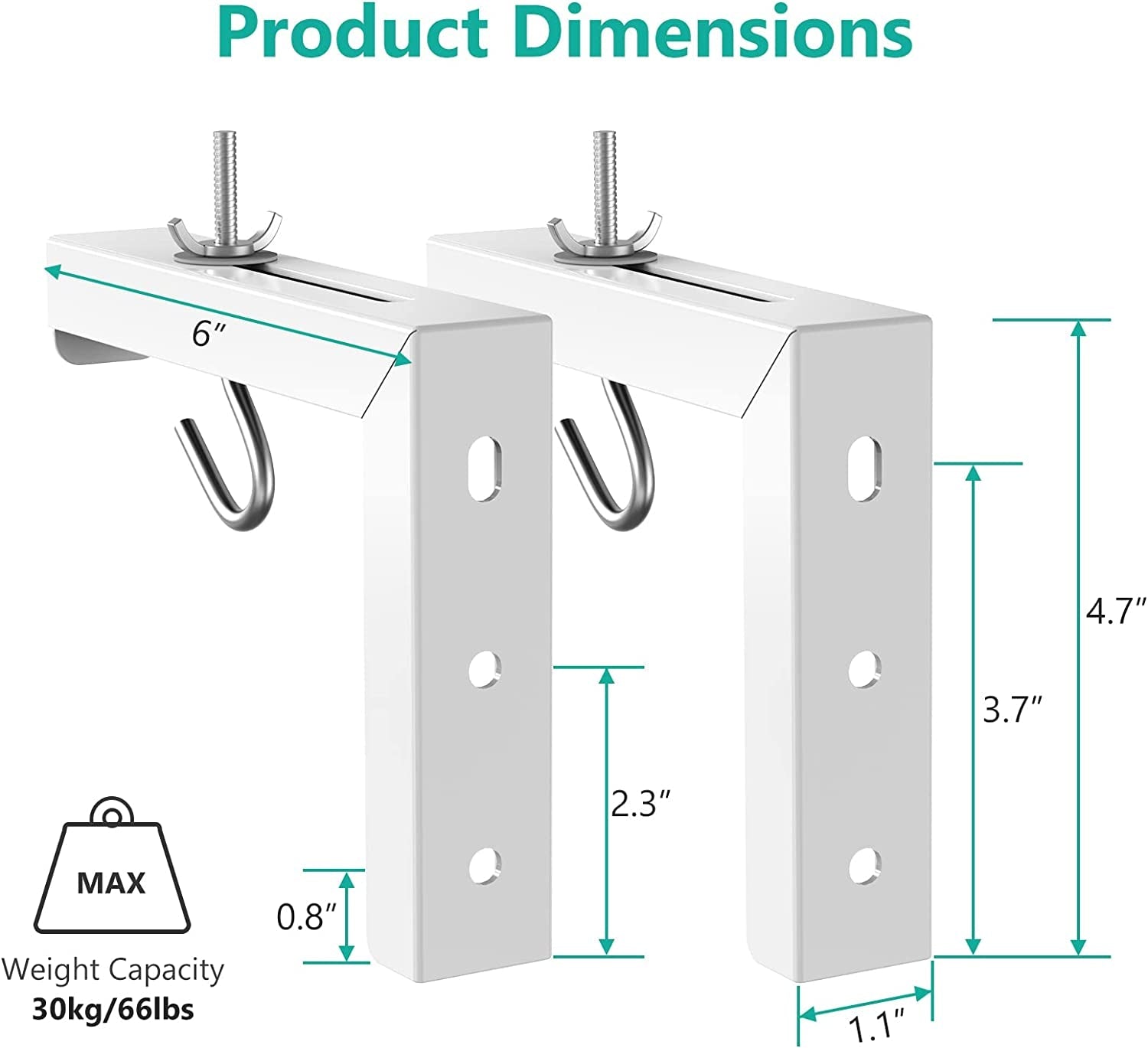 Universal Projector Screen Ceiling Mount, Wall Hanging Mount L-Brackets, 6 Inch Adjustable Extension with Hook Kit, Projector Screen Placement Hold up to 66 Lbs (PSM001-W), White - Stan's Electronics