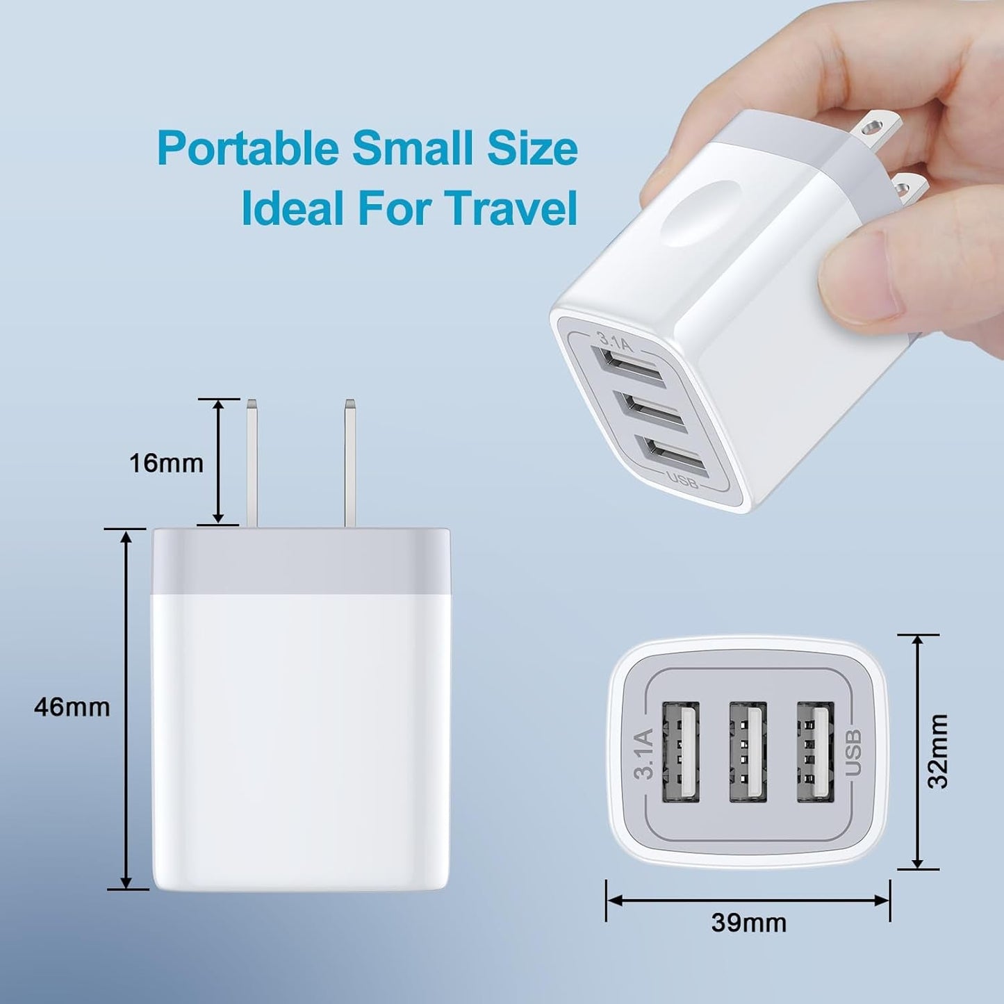 USB Wall Charger, 2Pack Wall Plug 3-Port USB Charging Station 3.1A Power Adapter Multi Port Quick Charger Block Cube for Iphone 17 16 15 14 13 12 11 Pro XS MAX 8 Ipad Samsung Galaxy S25 S24 S23 - Stan's Electronics