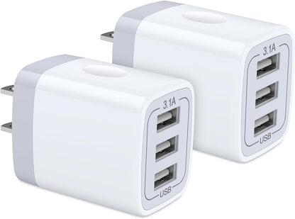 USB Wall Charger, 2Pack Wall Plug 3-Port USB Charging Station 3.1A Power Adapter Multi Port Quick Charger Block Cube for Iphone 17 16 15 14 13 12 11 Pro XS MAX 8 Ipad Samsung Galaxy S25 S24 S23 - Stan's Electronics