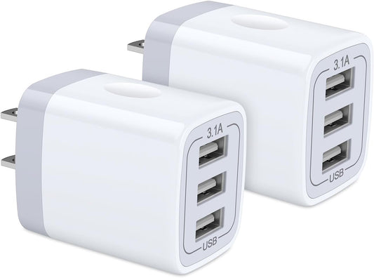 USB Wall Charger, 2Pack Wall Plug 3-Port USB Charging Station 3.1A Power Adapter Multi Port Quick Charger Block Cube for Iphone 17 16 15 14 13 12 11 Pro XS MAX 8 Ipad Samsung Galaxy S25 S24 S23 - Stan's Electronics