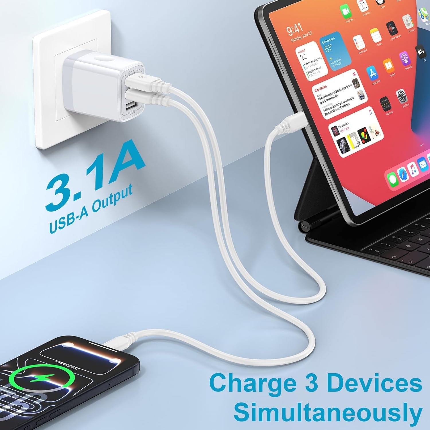 USB Wall Charger, 2Pack Wall Plug 3-Port USB Charging Station 3.1A Power Adapter Multi Port Quick Charger Block Cube for Iphone 17 16 15 14 13 12 11 Pro XS MAX 8 Ipad Samsung Galaxy S25 S24 S23 - Stan's Electronics